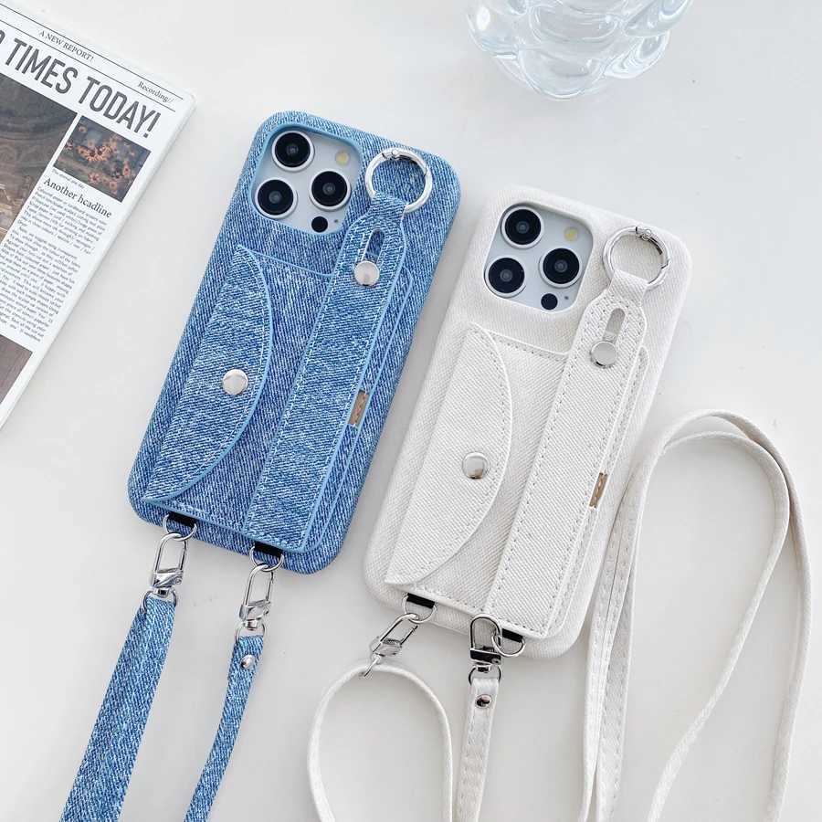 Jeans Print Design Card Pocket Phone Case for iPhone 17 Air 16 15 Plus 14 13 12 11 Pro Max X Xs Xr 8 Back Anti-knock Cover Strap J251202