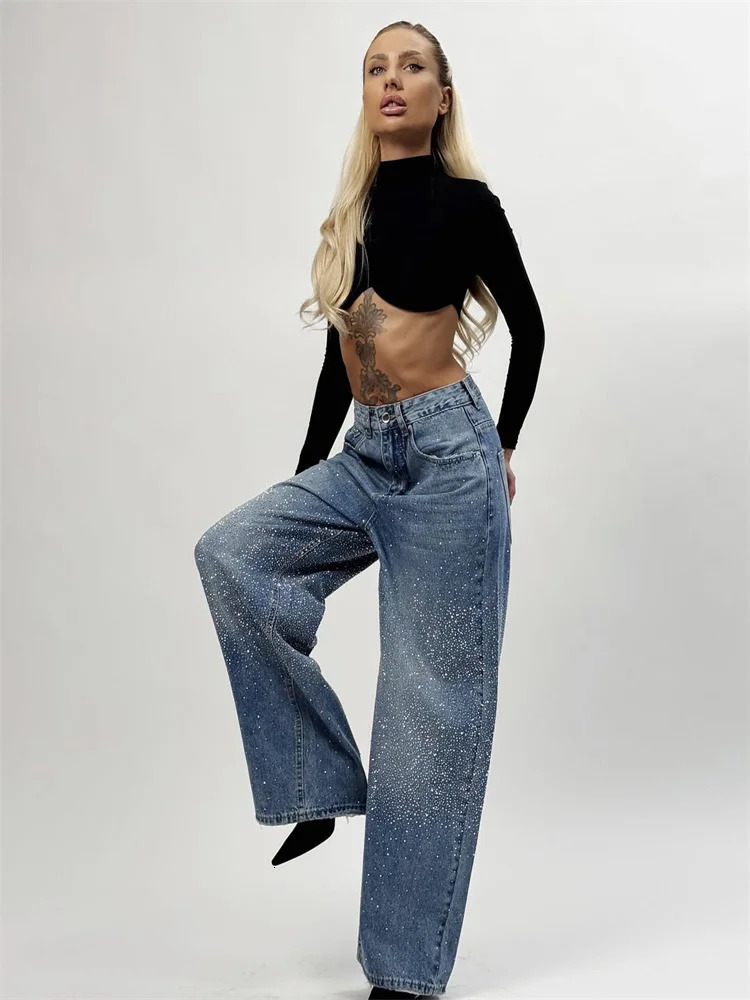 Diamond jeans casual blue pocket denim high waist wide leg pants 2025 spring womens Y2k street loose 250414