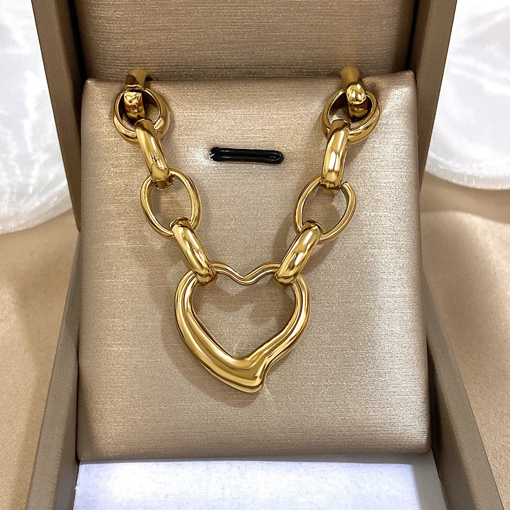 Gold stainless steel irregular hollow heart-shaped pendant necklace female trend metal thick chain sweater necklace jewelry 250408