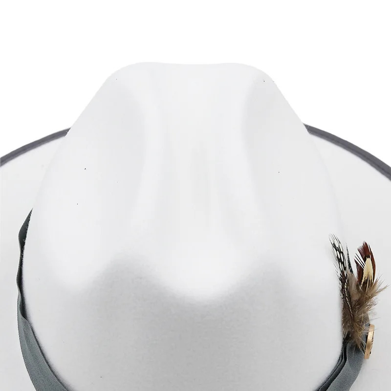 White Fedora Hats with Feather Band Faux Woolen Top Hat Men Flat Brim Jazz Panama Cap Women Elegant Party Jazz Church Hats 250407