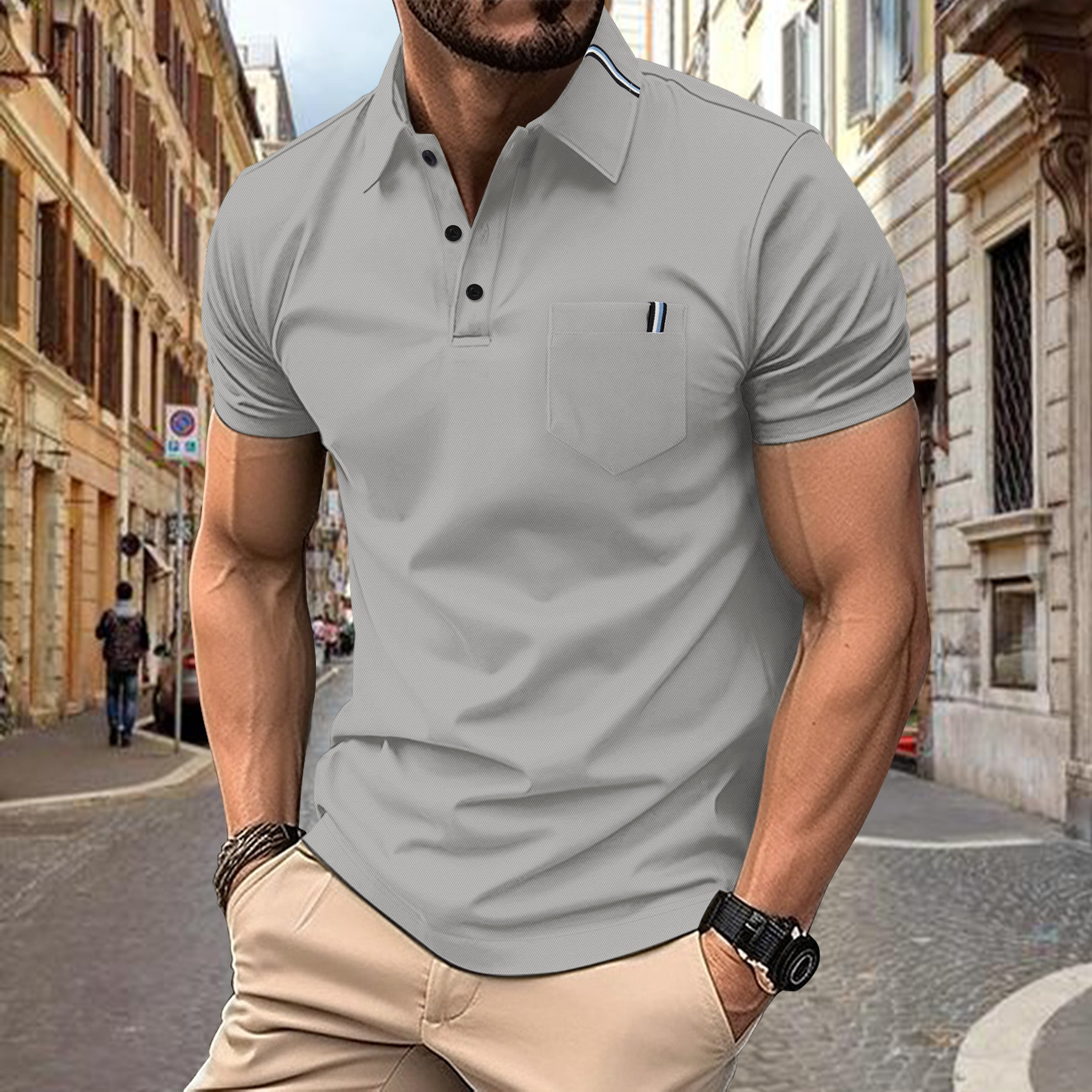 Summer new mens polo shirt casual sports solid color spliced ribbon lapel short sleeved top