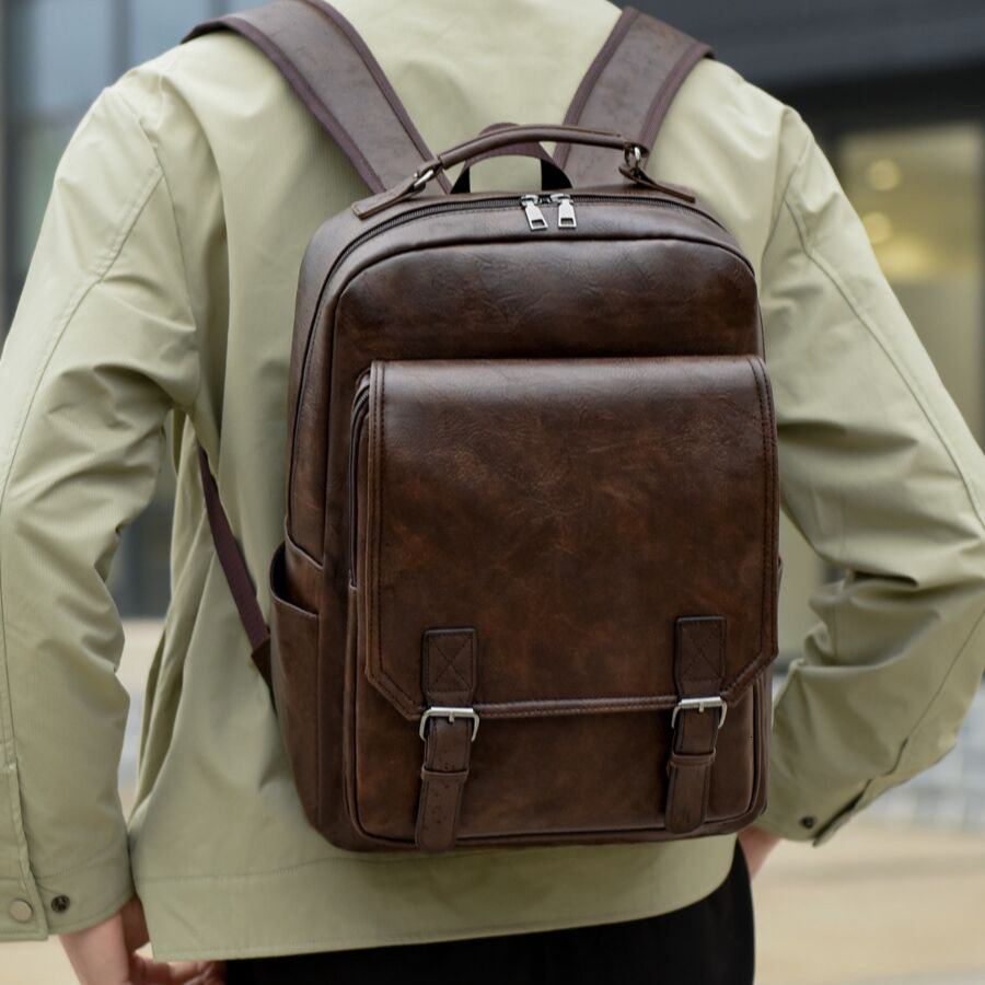 Vintage British Style Men's Backpack Large Capacity PU Leather Business Casual Commuter Laptop Trendy Student School Bag