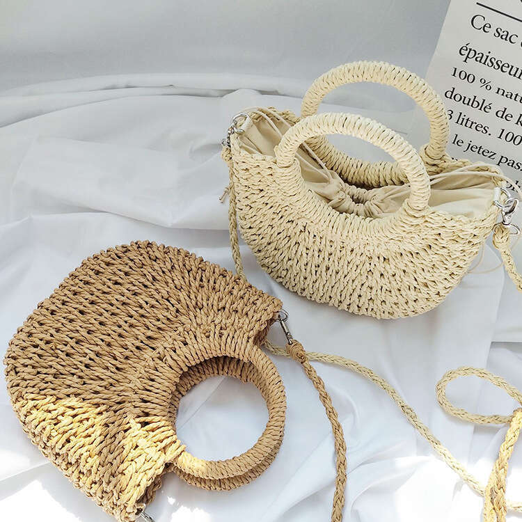 Handmade Beach Bag New Paper Rope Fashion Versatile Hand-Held Crossbody Small Round Bucket Hand Grass Woven Bag Kq2