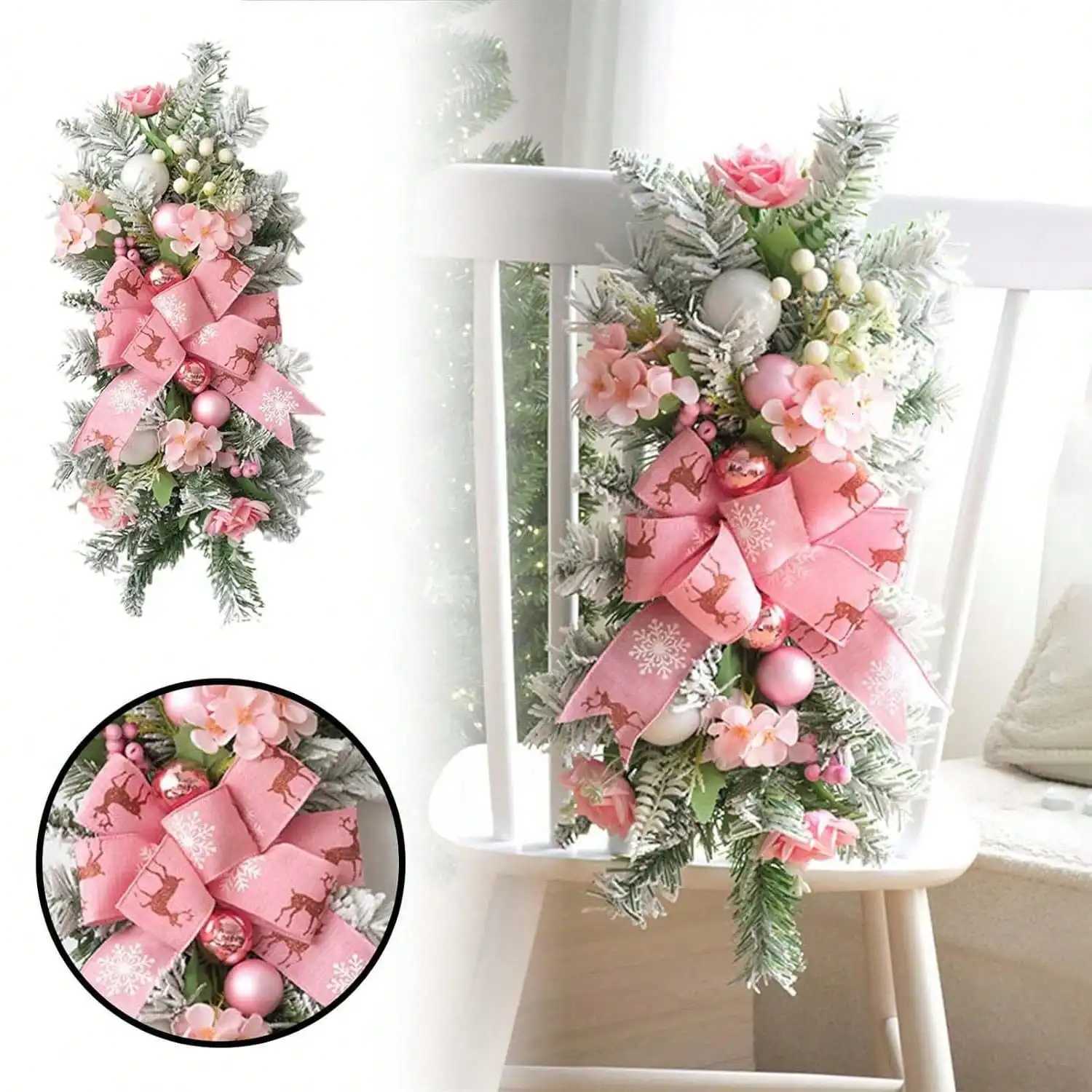 Christmas Plastic Home Decoration Wreath for Stairs and Wall Hanging Decoration Elegant unlit flowers and ribbon embellishmentsM251115
