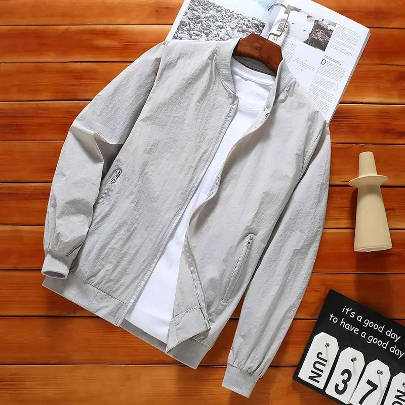 Summer Round Neck Long Sleeve Threaded Zipper Jacket Mens Solid Color Pocket Casual Sunscreen Clothing 250415