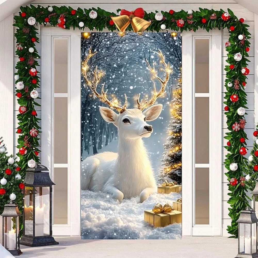 White Elk Snowy Scene Banner Xmas Door Cover Decoration Polyester Merry Christmas Winter New Year Holiday Photo Booth NavidadM251115
