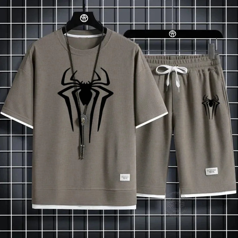 Summer mens spider printed Tshirtshorts set casual twopiece waffle sweatshirt 2024 fashionable and comfortable M3XL 250414Z