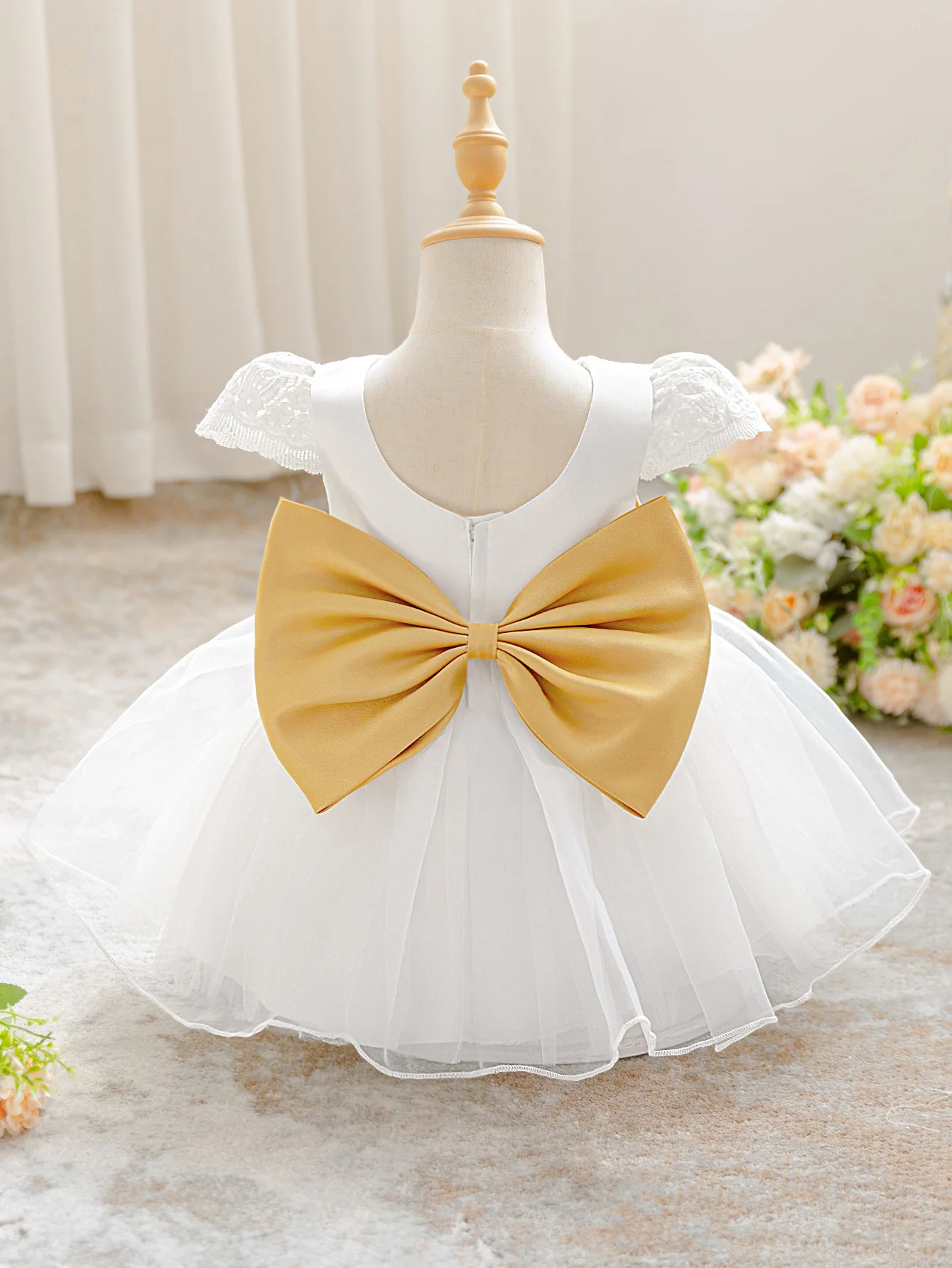 Infant Bow Baptism Party Girls Dress Elegant Baby 1st Birthday Wedding Princess Costume Kids White Bridesmaids Christening Dress 250415