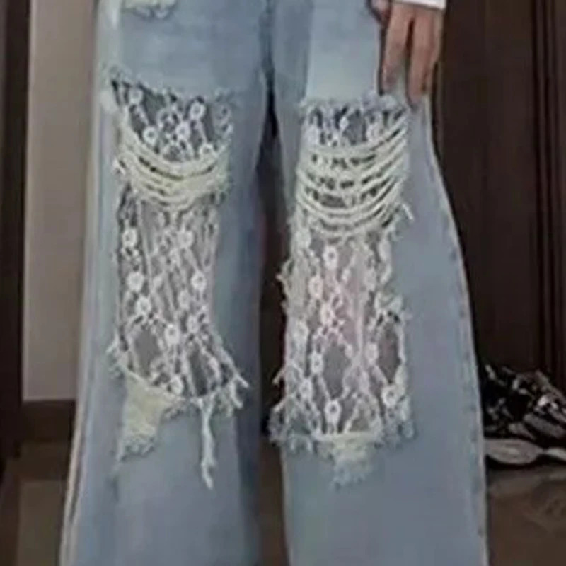 Womens open top jeans lace patchwork washing fashionable casual jeans womens fashion high waisted straight denim shorts 250415