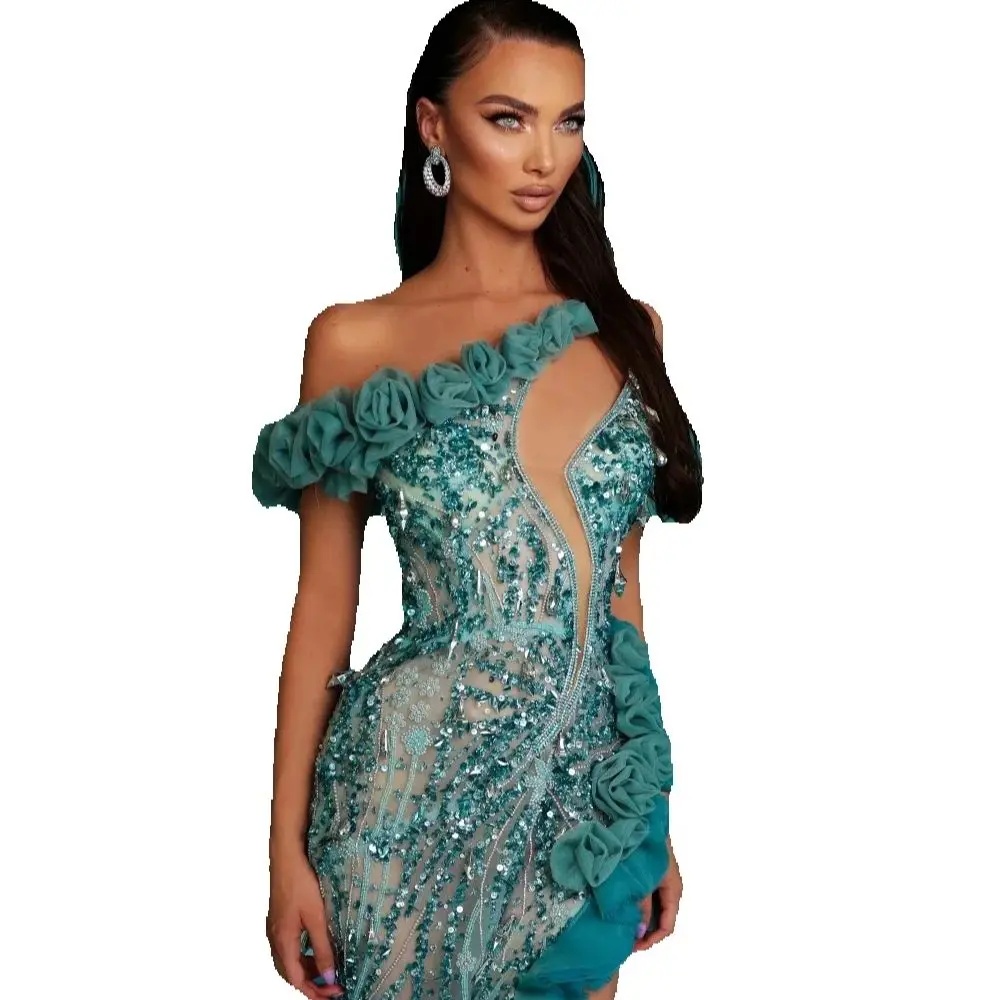 Sexy High Side Slit Evening Dress Sequined Beads Mermaid Party Gown Customized One Shoulder Prom Dresses