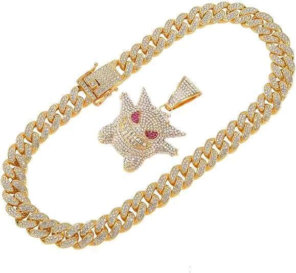 DHCollections Iced Out Pendant Necklace for Men Hip Hop Cuban Link Chain with Bling Ghost Anime Charm Silver Color 18 Inch Rapper Jewellery 1 Piece