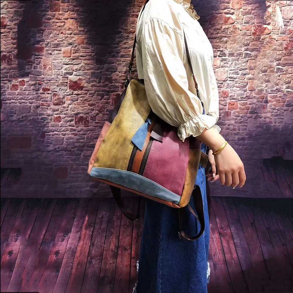 New Soft Cowhide Leather Backpack for Women Teens Vintage Patchwork School Bookbag with Keychain Durable Genuine Cowhide BagW251114