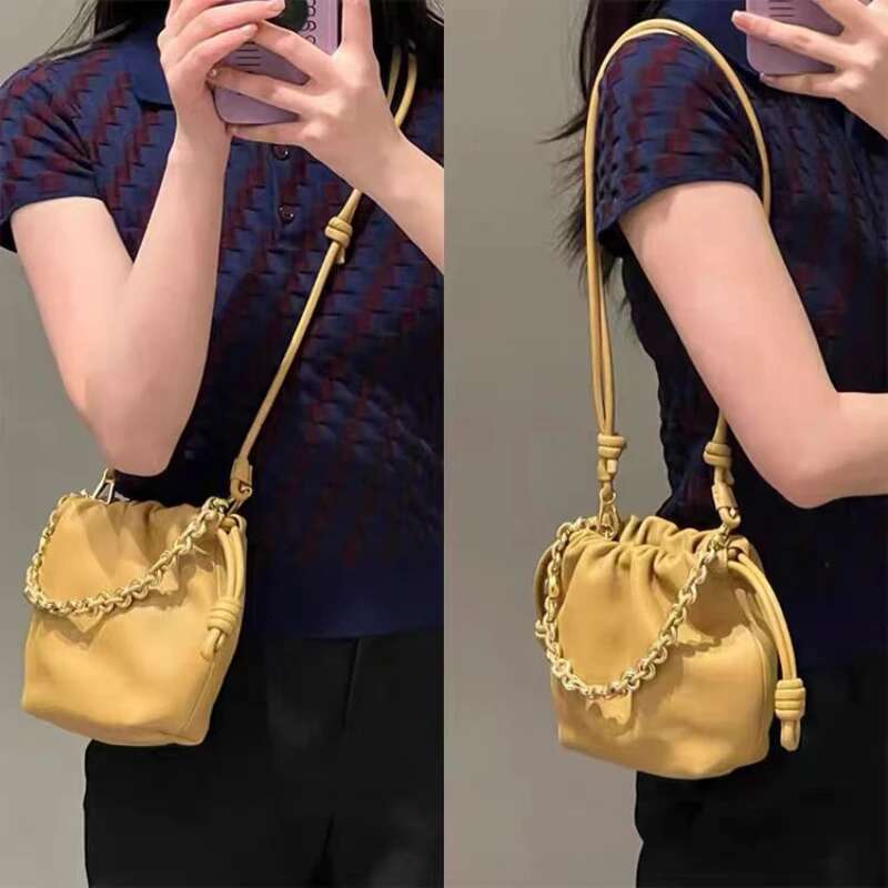 Chain Drawstring Handbags For Women Design Cloud Shoulder Genuine Leather Soft Dumpg Bucket Bag Elegant Purse Lady
