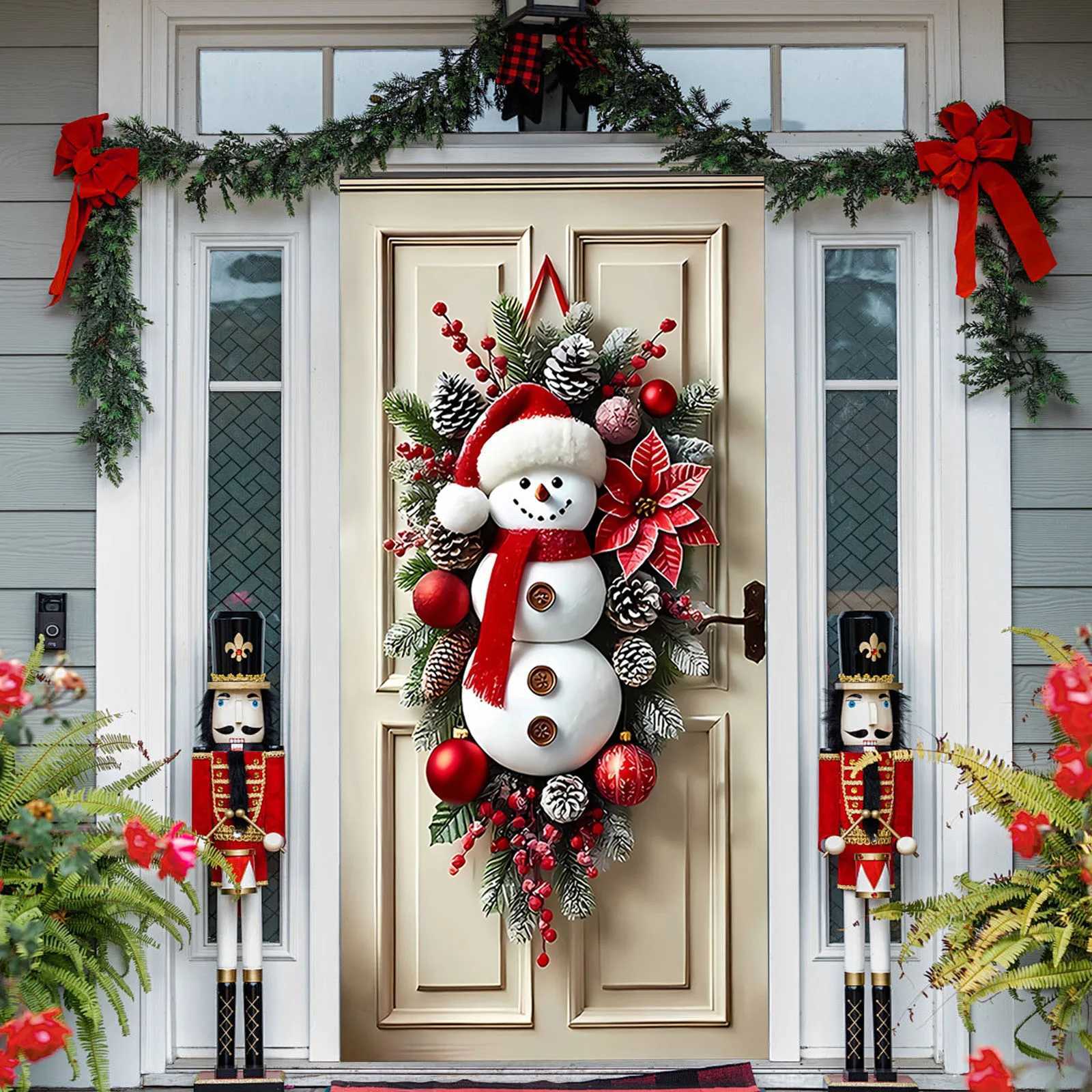 Christmas Snowman Wreath with Scarf Snowman Wreath Wall Hanging Winter Snowman Xmas Wreath for Holiday Home DecorationM251115