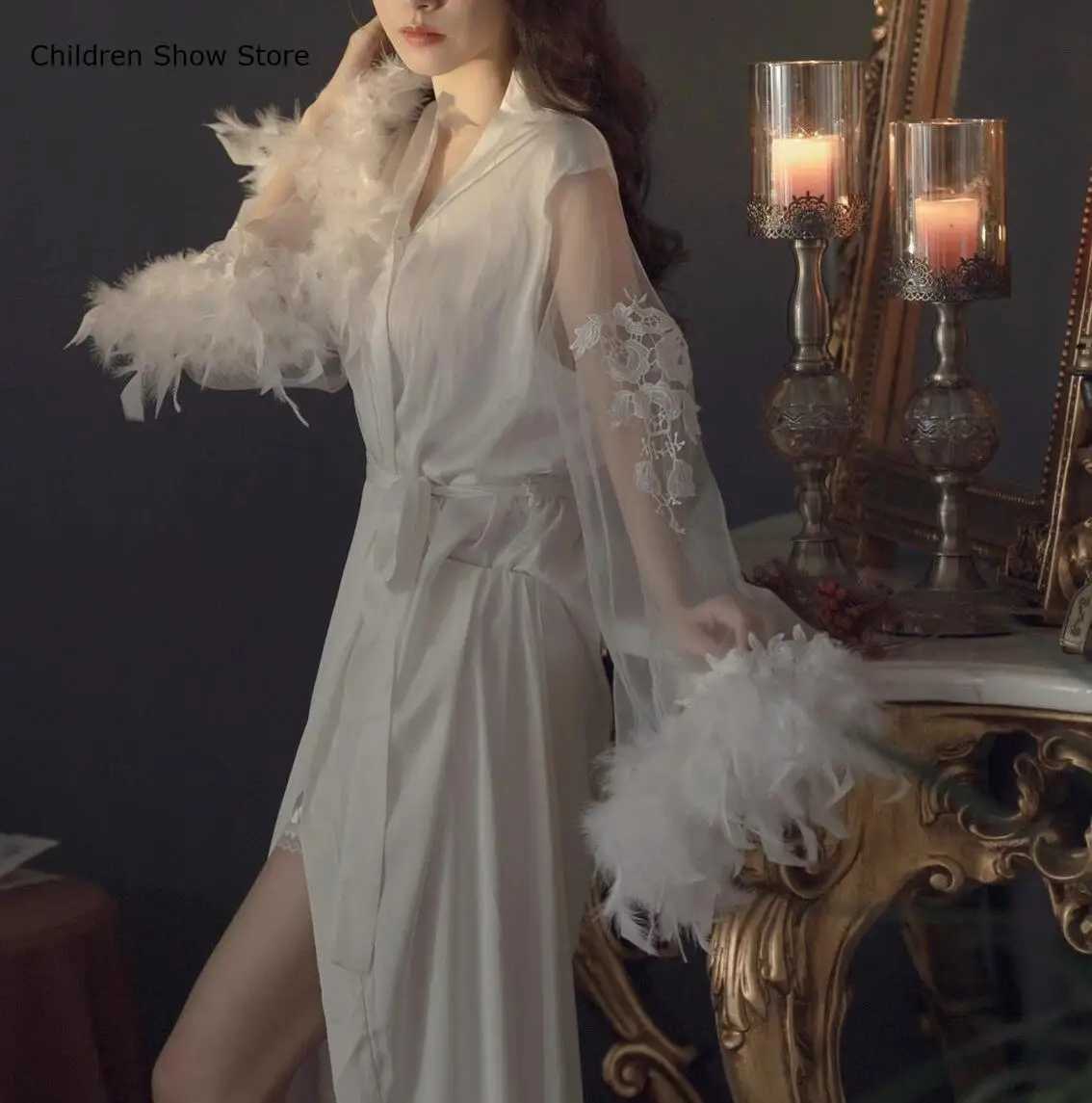 Large Mesh Feather Sleeve Kimono Women Bride Wedding Dresses Satin Robe Long Vestidos De Novia Luxury Lingerie Sleepwear C251115