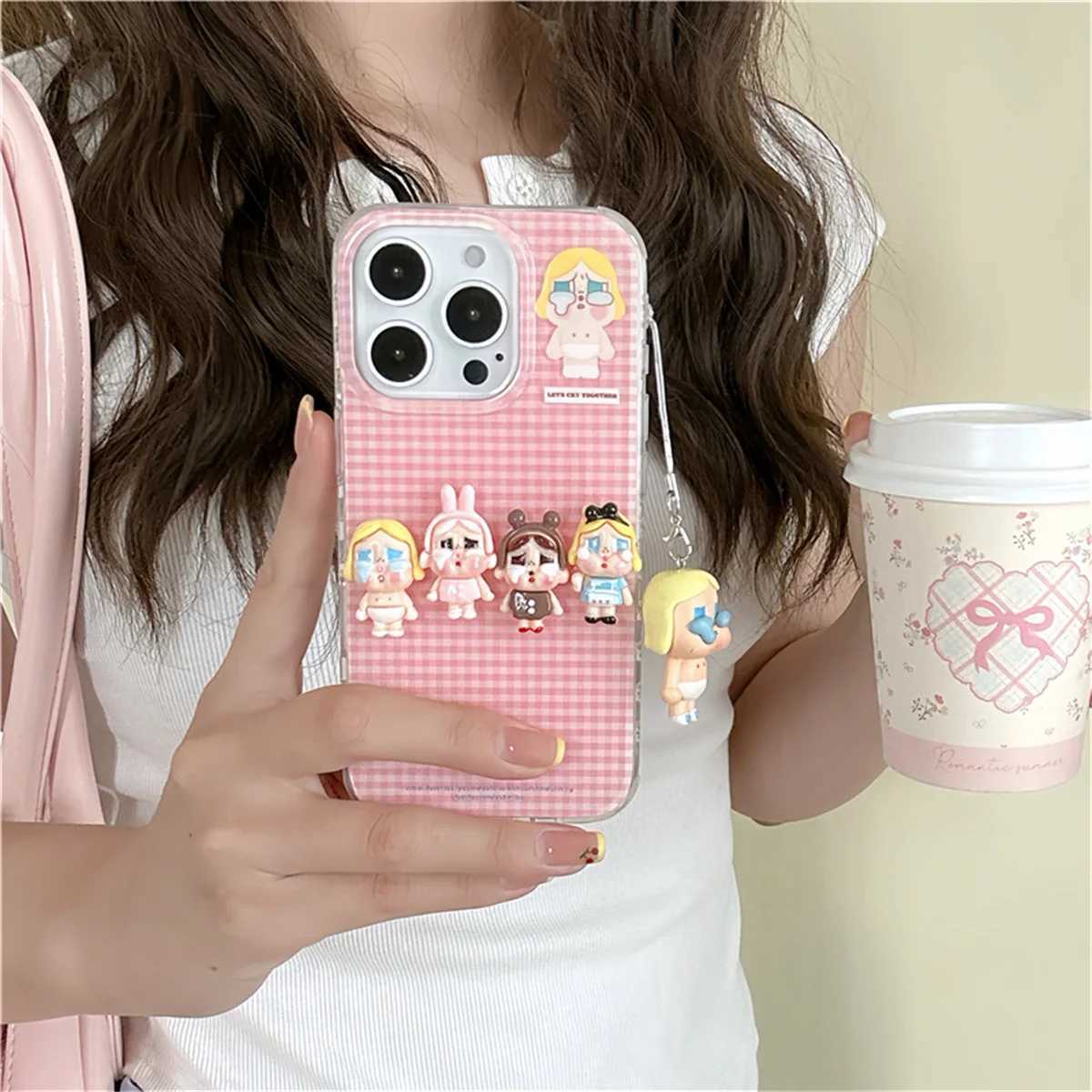 Korean Pink Plaid Pattern Cute Phone Case For iPhone 16 Pro 14 15 Pro Max Cover with Pendant Kawaii Protective Cases J251202