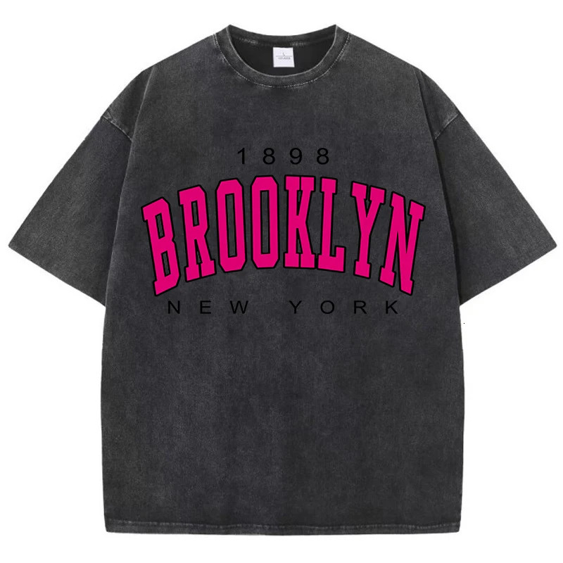 Womans Cotton Washed T-Shirts Fashion Loose O-Neck Short Sleeve Brooklyn York Printing Tops Summer Street Female Clothes 250415