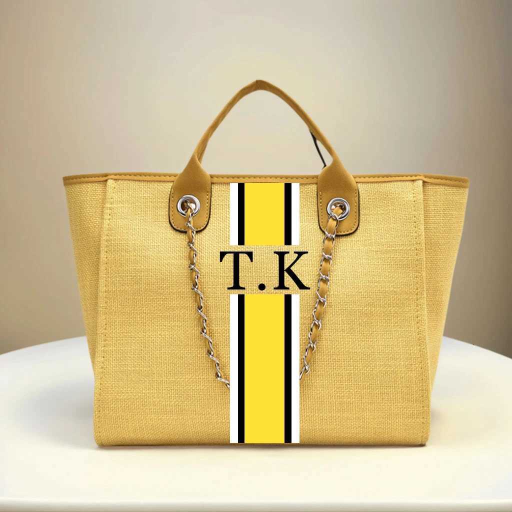 Personalized Monogram Tote Bag Customised Chain Handbag White Stripe Initials Beach Holiday Canvas Tote Womens BagW251115