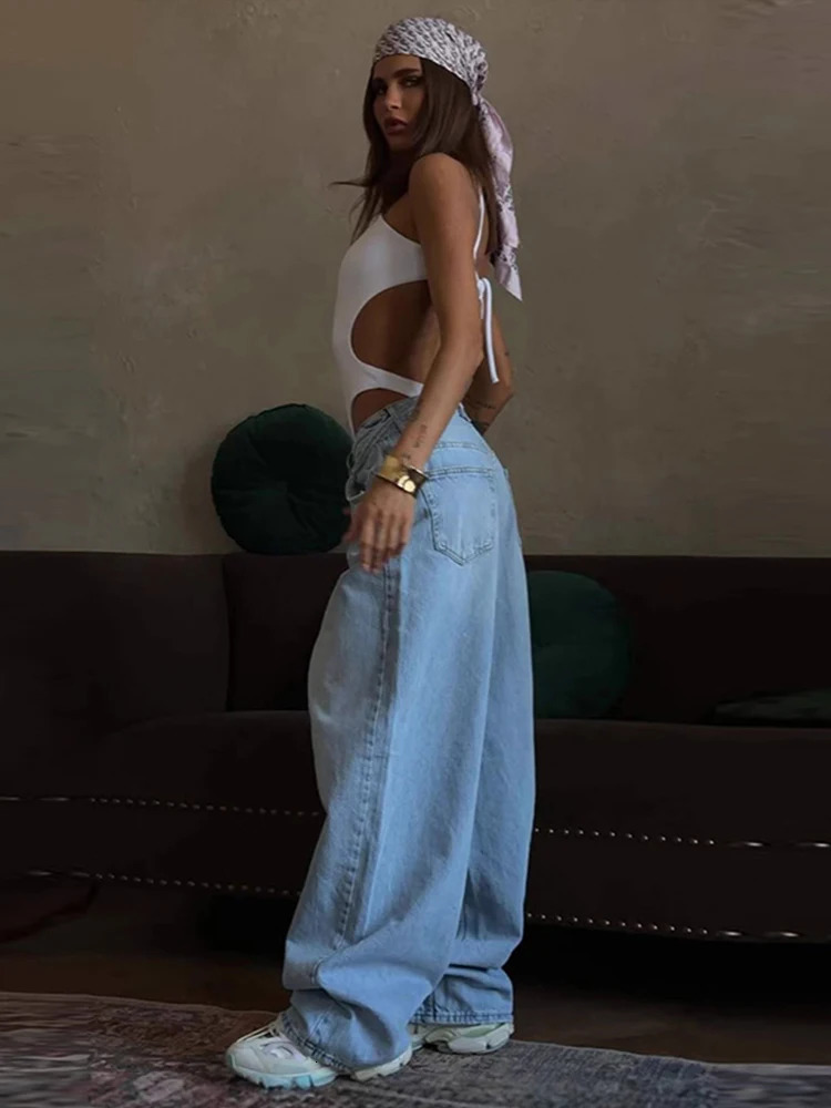 Light blue lace elastic low rise womens jeans loose fit wide legs drag and drop full-length denim pants summer Trouser 250415