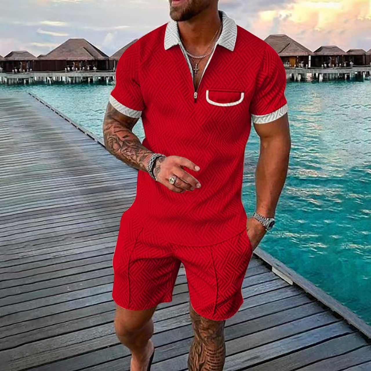 New Mens Fashion Casual Set 3D Digital Printed Zipper Short Sleeve Mens Shorts