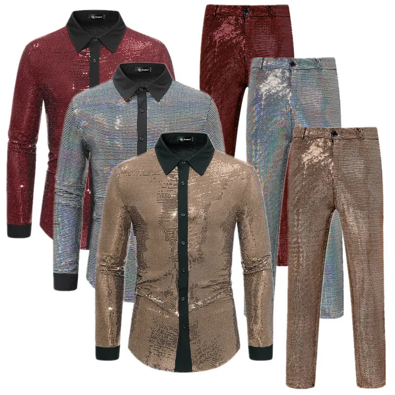 Summer Men Sequin Casual Sets Gold Silver Fashion Singer Bar KTV Stage Performance Dress Lapel Shirt and Pants 250409