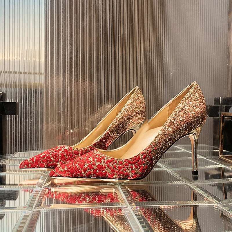 women's shoes 2024 Women High Heels Pointed Toe Sequins Glitter Designer Pumps Wedding Bridal Valentine Ladies Shoes 10cm