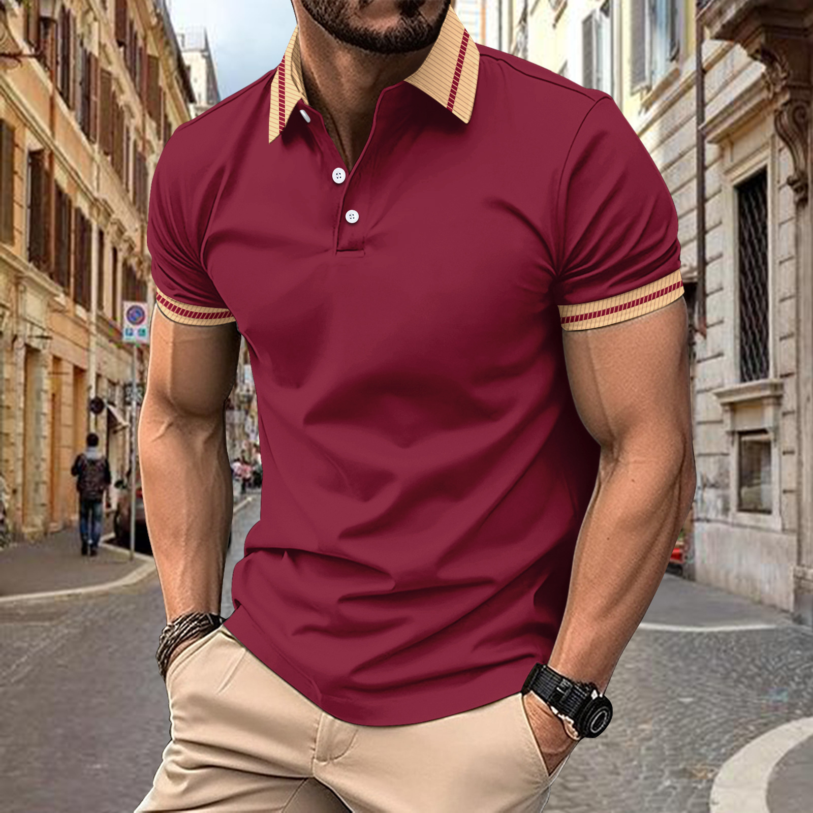 Summer Speed Sale Fashion Mens Polo Shirt Color blocked Button Mens Sports Polo Shirt