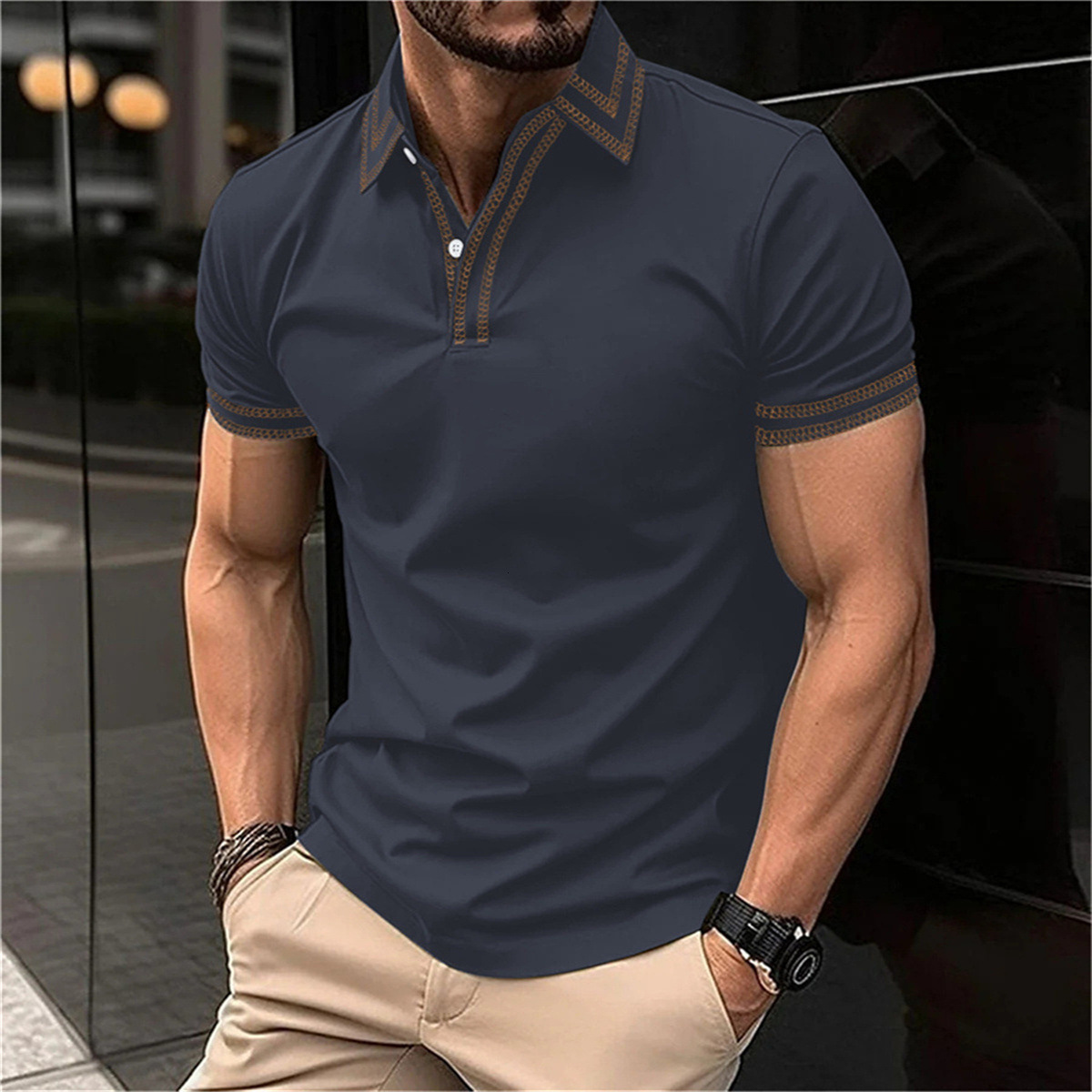 Mens POLO summer daily casual tactical training patchwork lapel line solid color short sleeved t-shirt