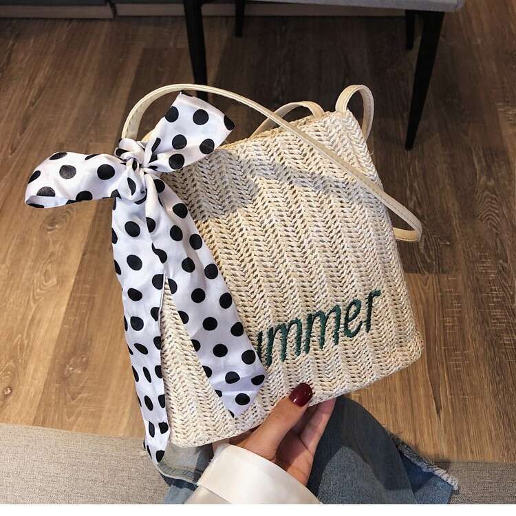 Handmade Beach Bag 2024 Summer New Silk Scarf Decorative Water Bucket Straw Korean Edition Fashion Woven Women's Handbag Shoulder Bag Kq2