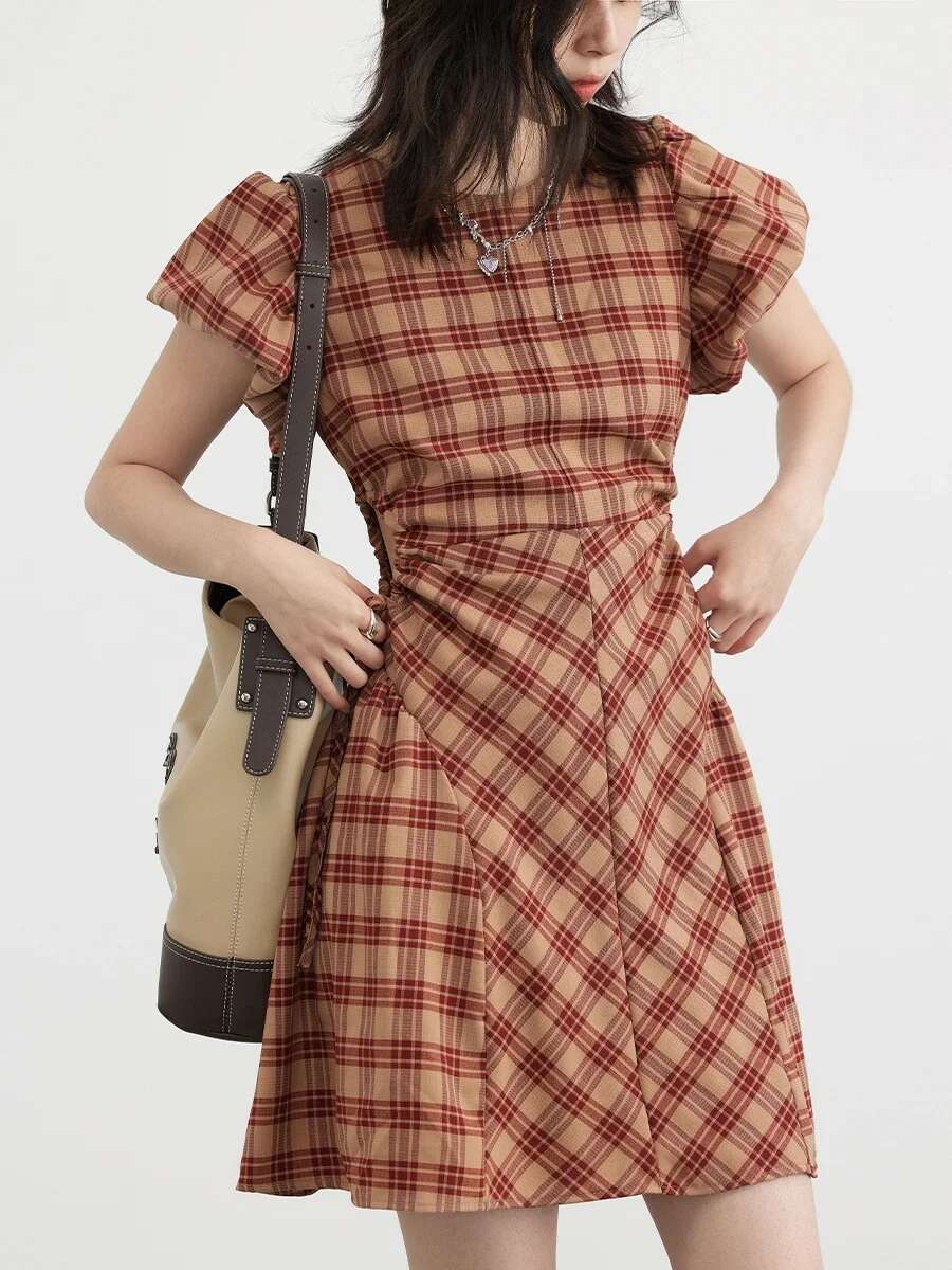 CHIC VEN Korean Style Women Dresses A-E Retro High Waisted Design Plaid Bubble Sleeve Girl Dress Drawstring Woman 2023 Trend