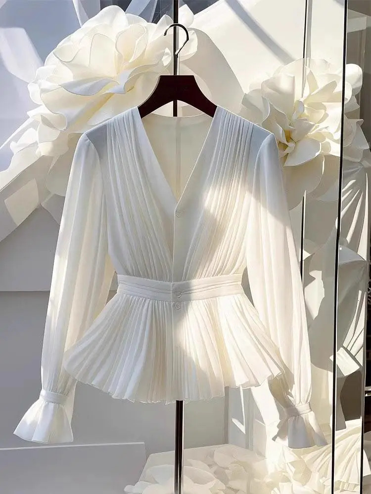 Youth Elegant Pleated White Long Sleeve Button Up Shirt Women V Neck Ruffle Tunic Basic Blouse Chiffon Lady Office Casual 250415