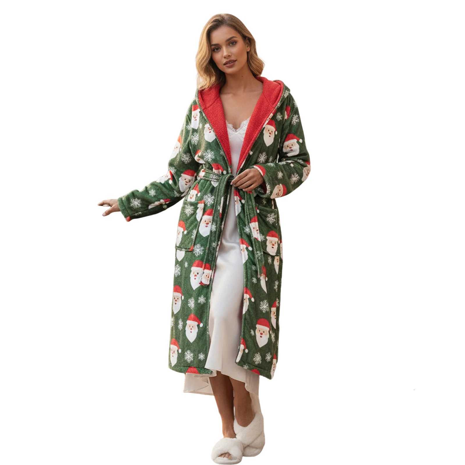 Women s Christmas Long Bathrobes Fashionable Soft Warm Reindeer Print Hooded Robes C251115