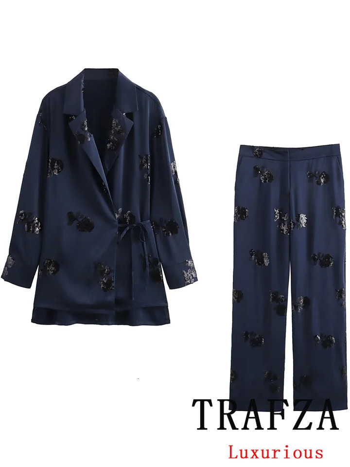 TRAFZA Retro Fashion Casual Womens Set V-neck Pocket Jacket Straight Loose Pants Fashion Autumn Office Womens Set 250409