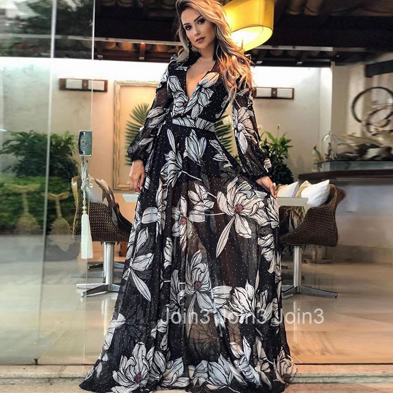 2025 New Womens Dress Sexy Deep V-long Sleeved Printed Fashionable Long Skirt