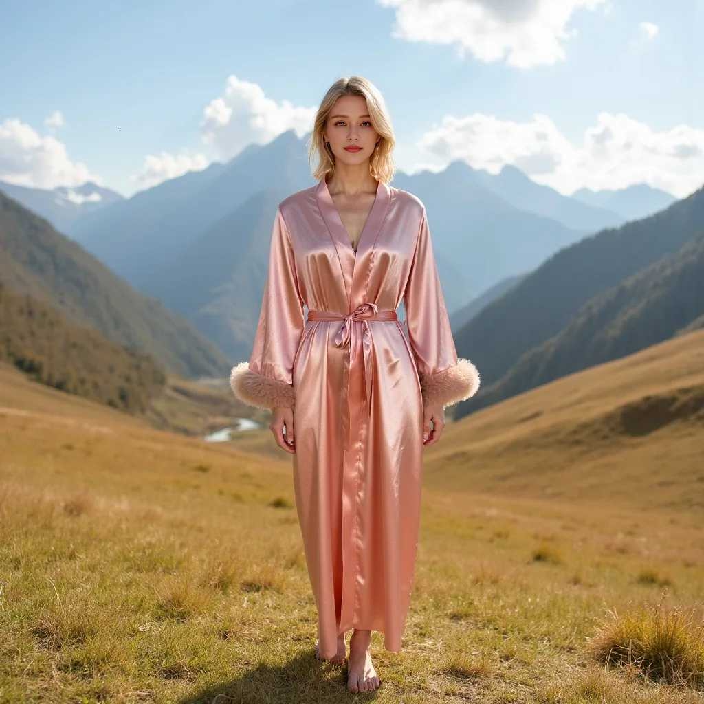 Womens Satin Robes Full Length Kimono Long Sleeve Silk Bathrobe Cuff Fur Trim Long Belted Robes Bridesmaids Bride Sleepwear C251115