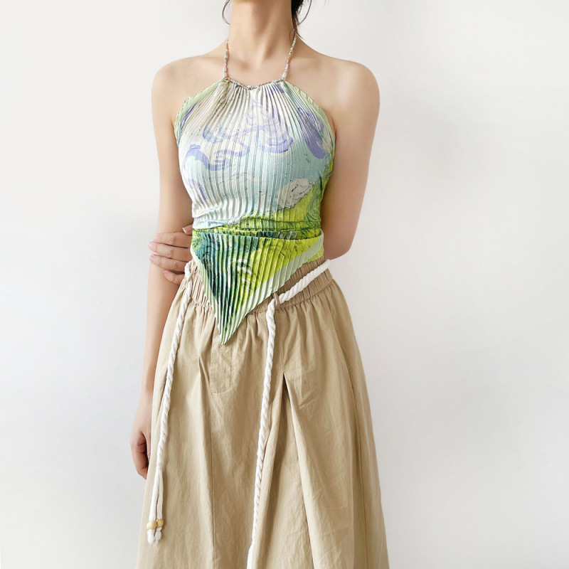 K401 New Japanese and Korean pleated silk scarf suspenders for women, high-end silk scarf, cross-border light luxury style chiffon oil painting style 