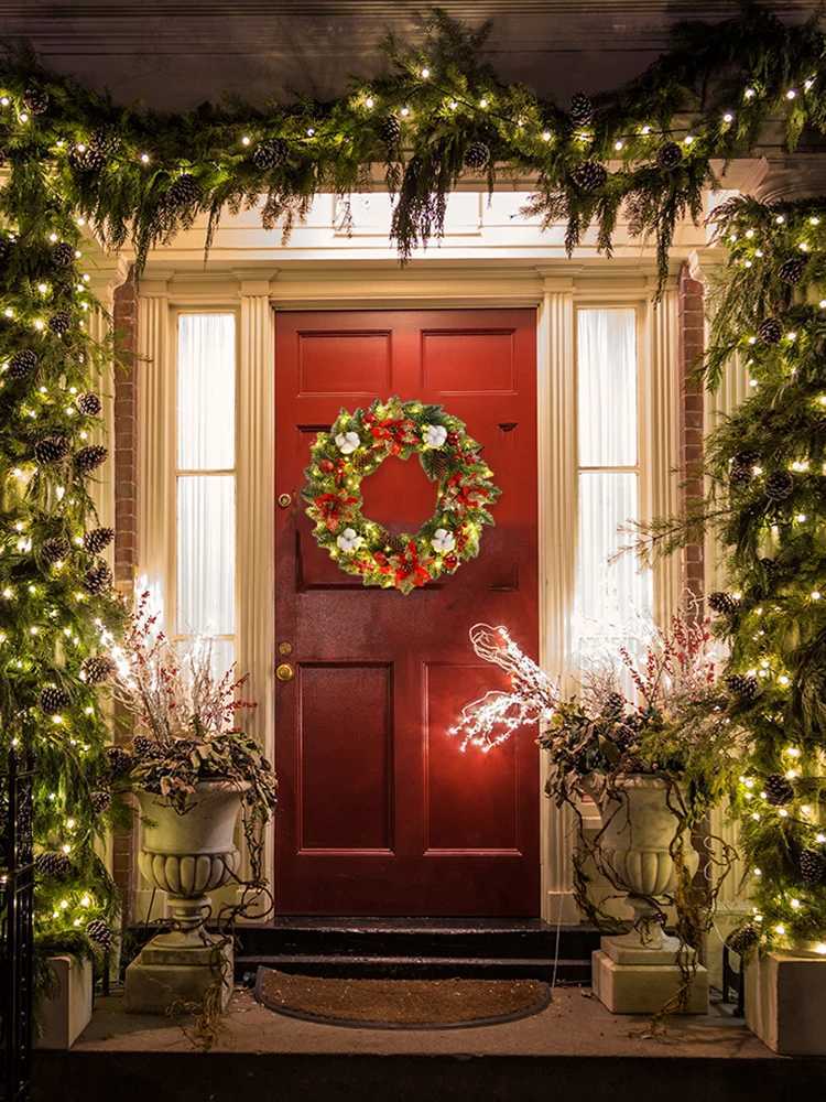 Christmas Door Decor Wreaths with Spruce Pine Cones Berry Ball 40CM Hanging Garlands Realistic PVC Light Up for Home Party DecorM251115