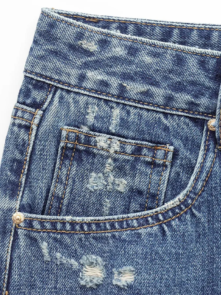 Cracked hole womens jeans Trouser straight pocket low waist denim pants Washing Distressed Dragging jeans Street Wear casual pants 250415