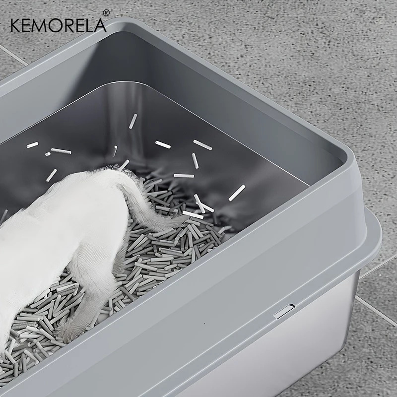 KEMORELA EXtra Large Stainless Steel Cat Litter Box with Lid -Enclosed High-Sided Odor Resistant Leak-Proof Includes Scoop 250414