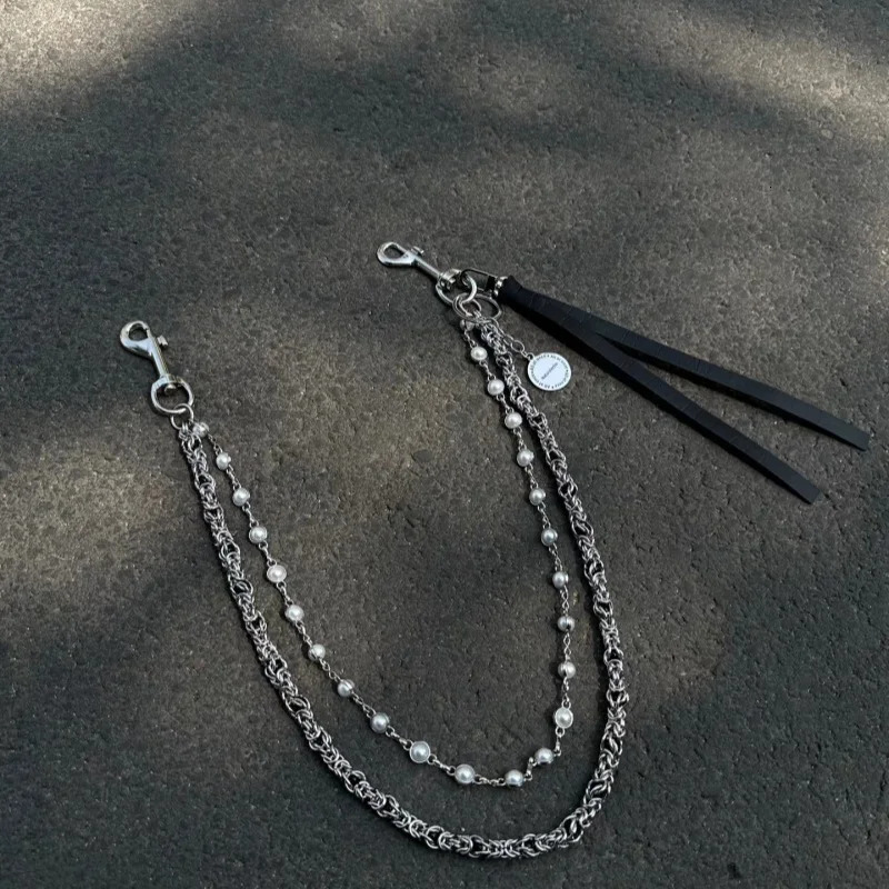 Retro Concise Bilayer Clamp Beads Biker Chain Sheepskin Sheath Hip Hop Punk Style Keychains For men y2k Pants Chain Accesories 250414