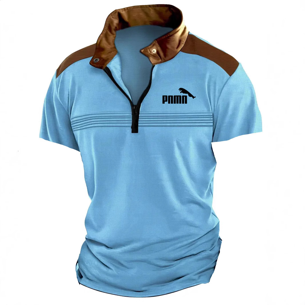 Summer Mens Polo Zipper Short Sleeve Fashion Splicing Chest Wrinkle Breathable Polo Shirt