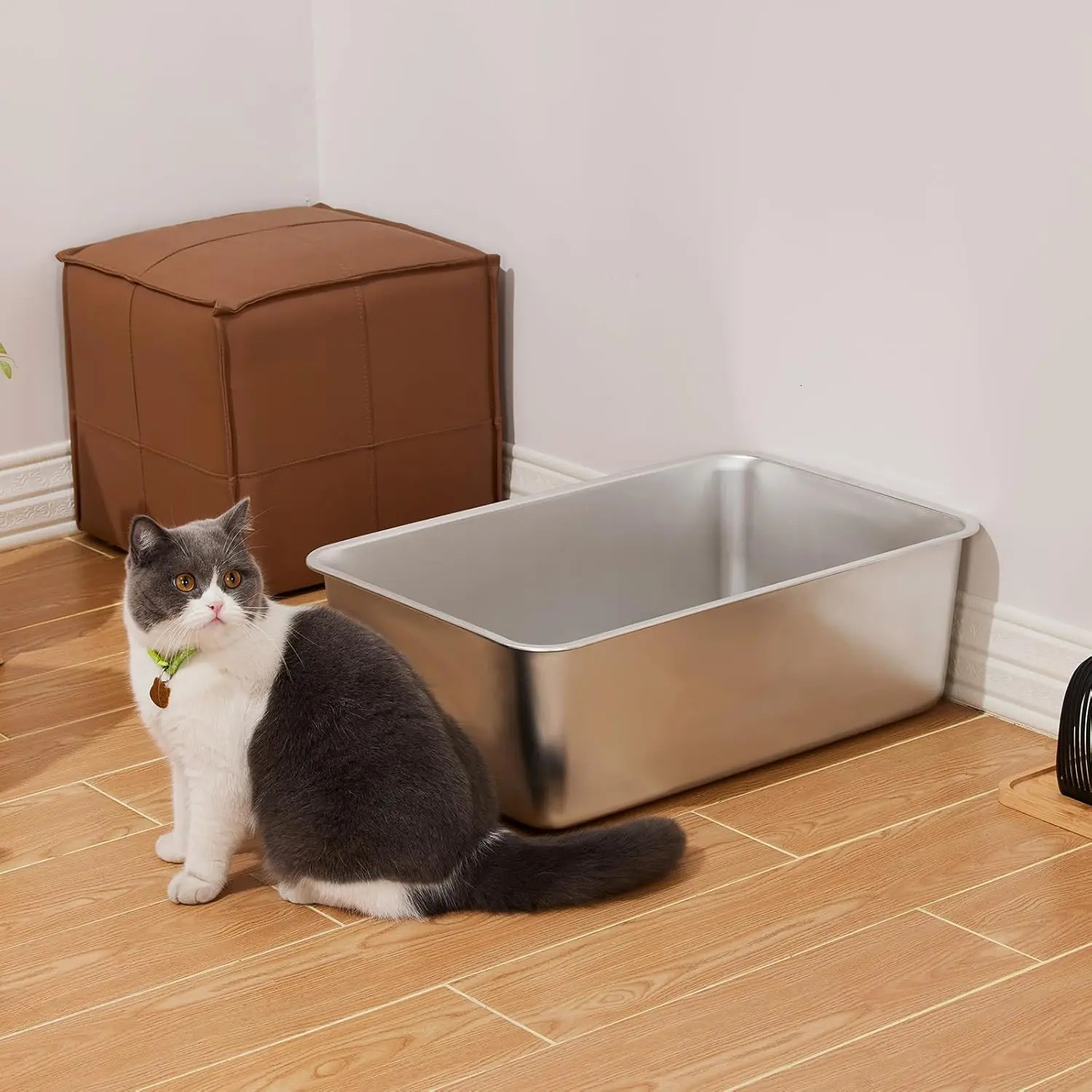 Steel Litter Box for Cat and Rabbit Large Size with 8in High Sides and Non Slip Rubber Feet. Odor Control 250414