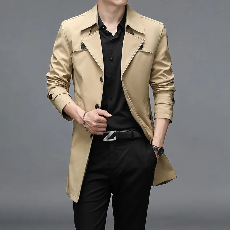 Mens long trench coat high-quality button windproof machine mens fashionable lapel solid trench coat plus size 250415