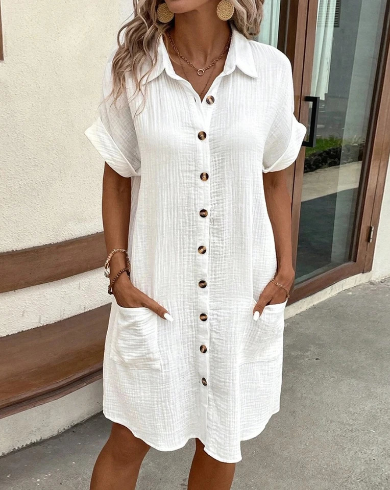Vintage Women Solid Mini Dress Summer Fashion V-neck Three Quater Sleeve Cotton Linen Dress Ladies Casual Holiday Vestidos 250415