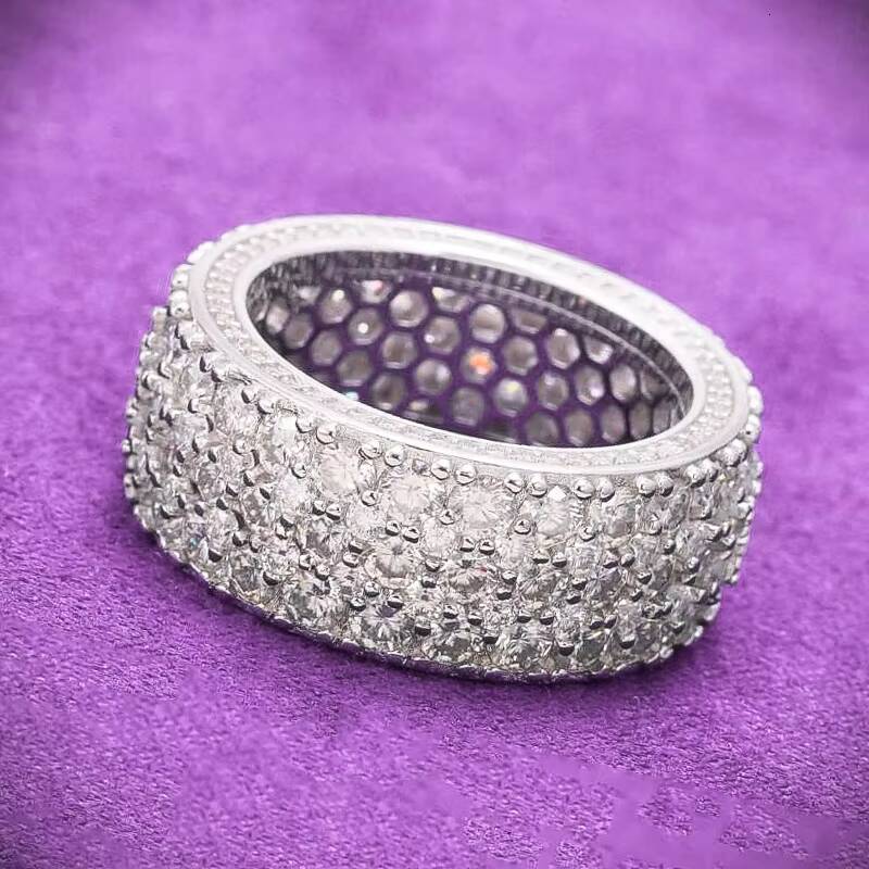 Luxury Hip Hop VVS D Color Moissanite Bling Mens Cluster 3 Rows Band Ring With 925 Sterling Silver Pass Diamond Tester GRA