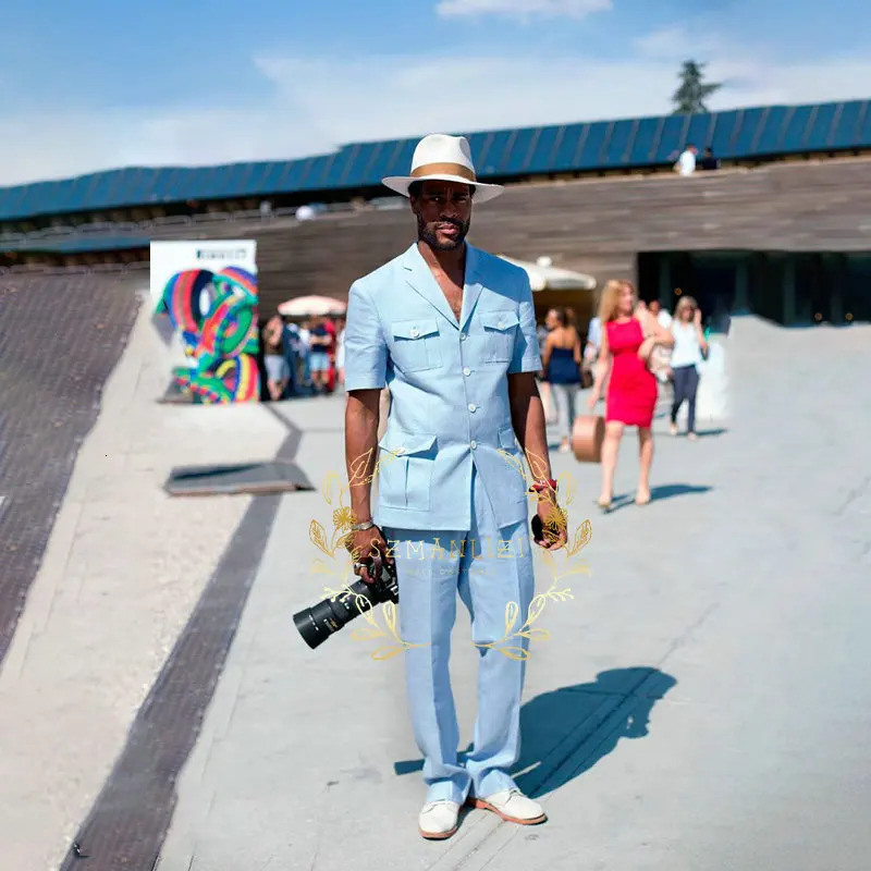 Fashion 2piece sky blue linen summer mens wedding dress suitable for grooms evening gown casual beach short sleeved suit jacket pants 250414