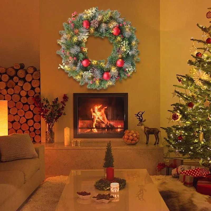 LED Christmas Wreath For Front Door Red Berry Garland Christmas Xmas Ball Wreath Window Door Wall Ornament Decorations GiftsM251115