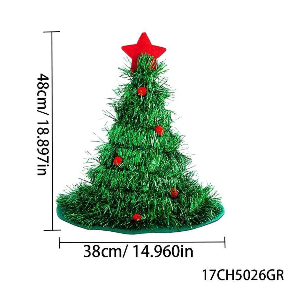 PESENAR Green Tinsel Christmas Tree Hat with Red Star and Baubles - Add a Whimsical Touch to Your Holiday Look Y251115
