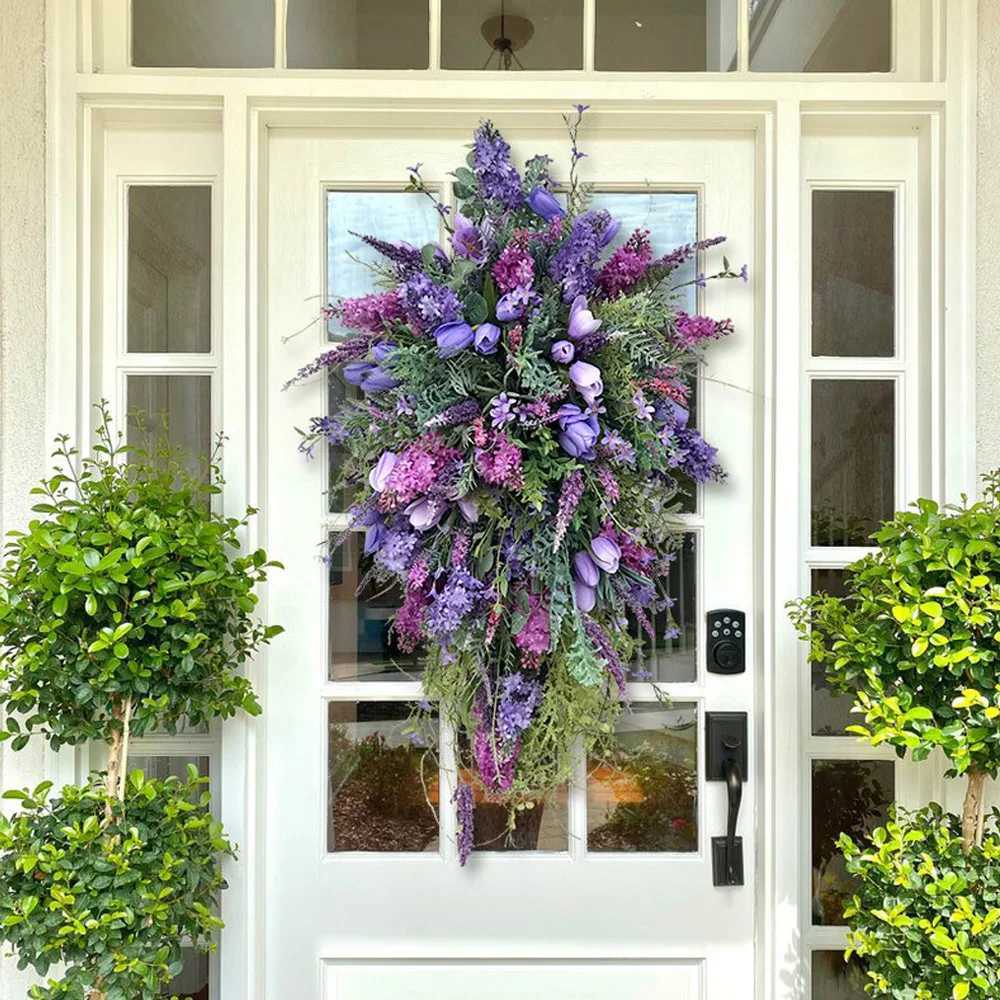 Spring Purple Tulip Wreath Summer Artificial Flower Lavender Garland Home Decoration for Wedding Entrance Garden Front DoorM251115