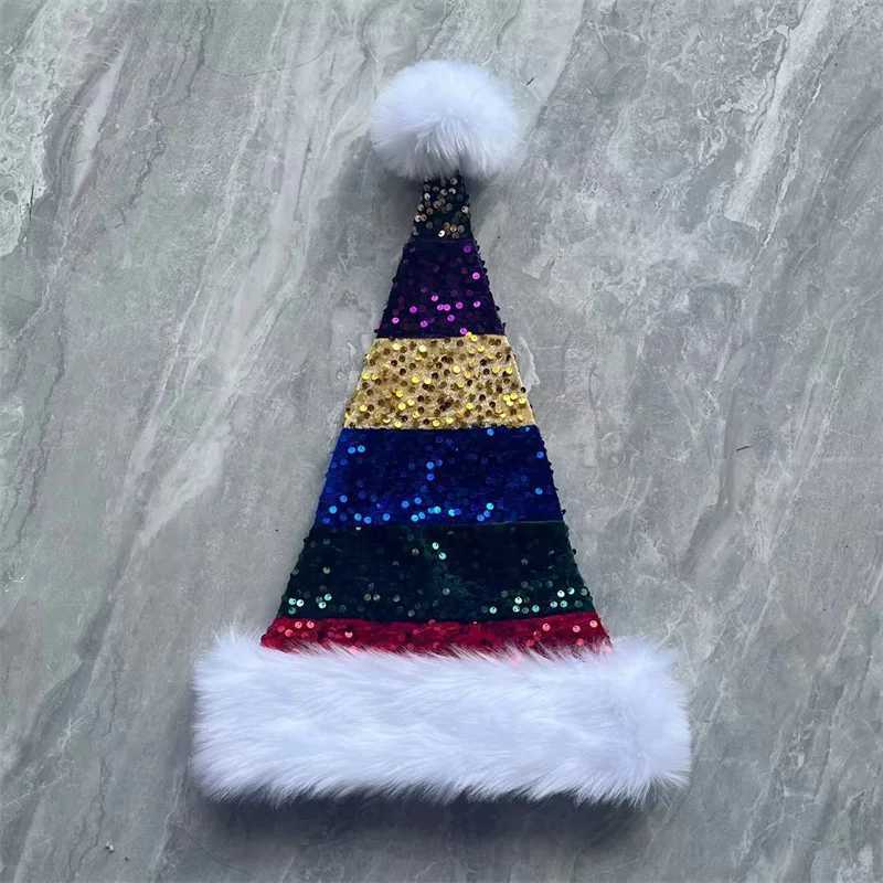 New Christmas Hat Color Full Glitter Plush Double-Layer Hat 3147cm Spliced Decorative Hat Y251115